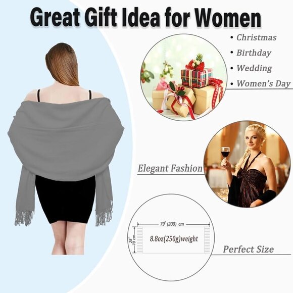 Women's Scarf Pashmina Shawls and Wraps Winter Warm Silky Scarves- Gray - Picture 4 of 8